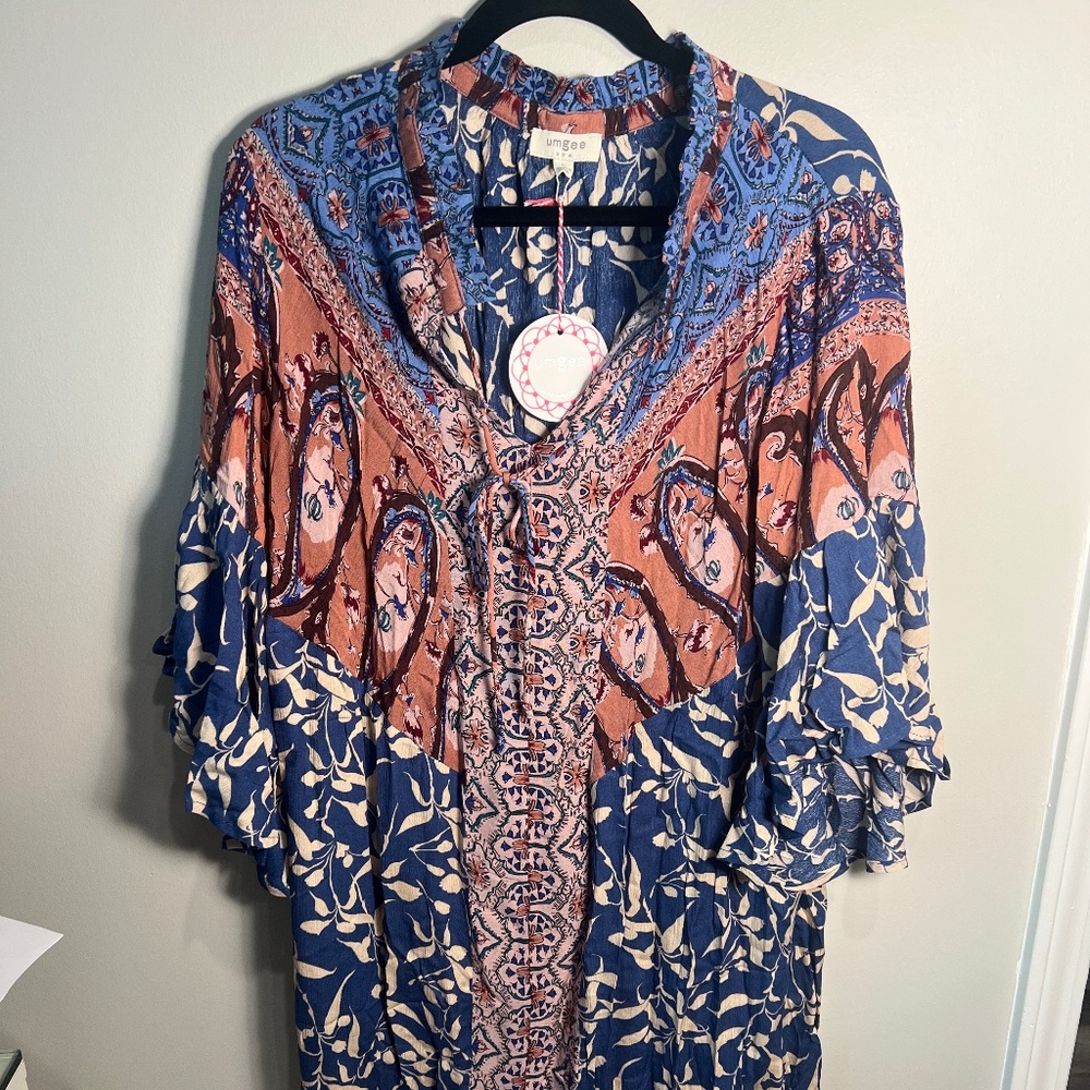 UMGEE Blue and Coral Flowy Printed Boho Dress, M - Picture 3 of 6